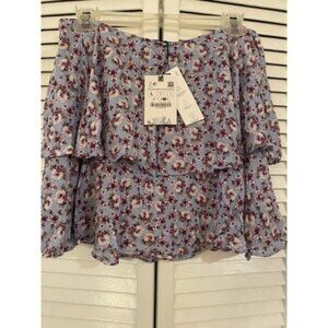 Zara Women Skort Large Blue White Floral Tiered Mini Ruffle Cattagecore Peasant